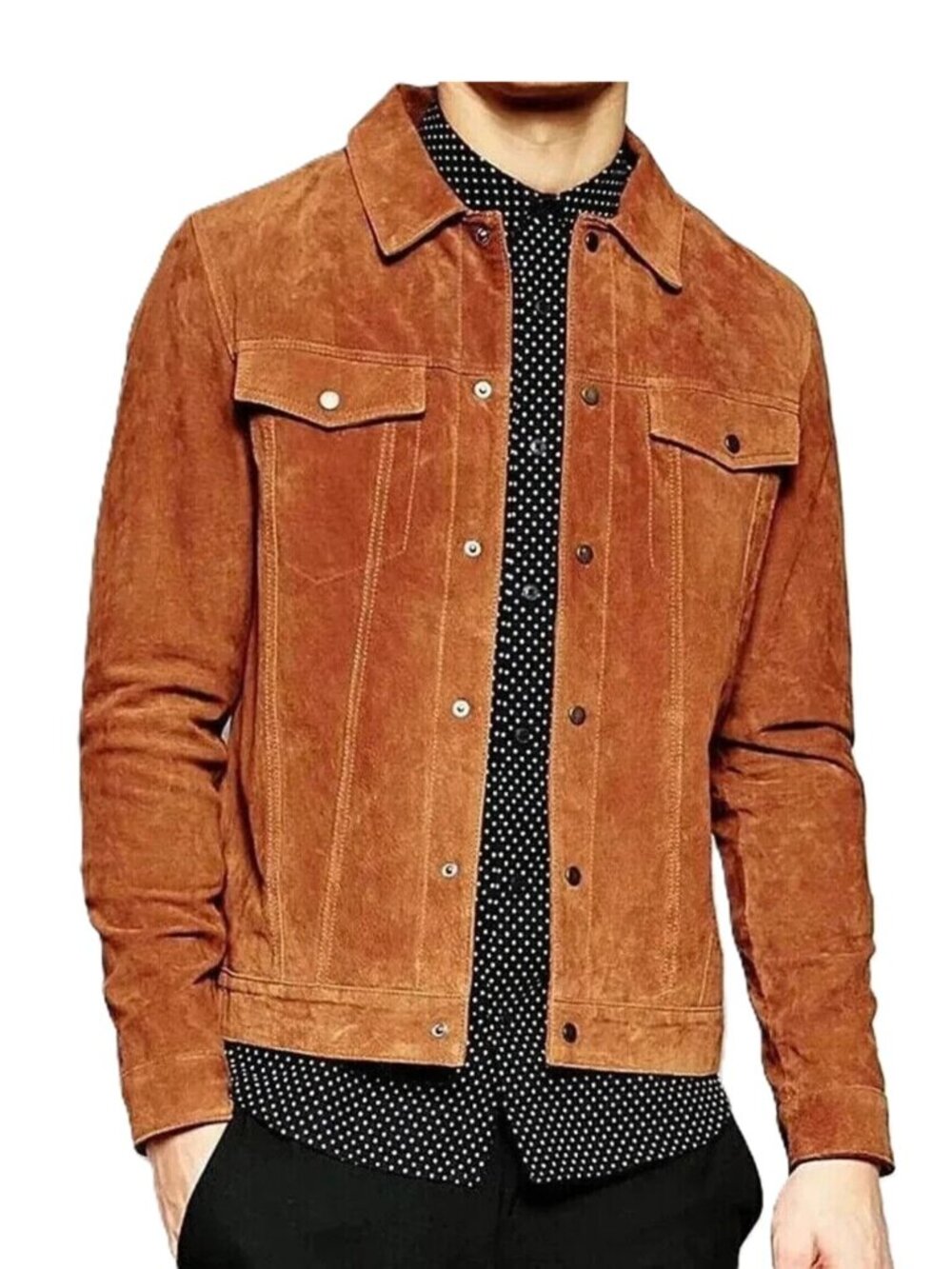 Men's Real Suede Leather Rust Brown Trucker Jacket Denim Style